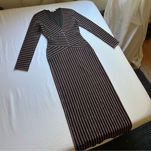 Fleur du Mal Dresses & Skirts - FLEUR DU MAL black knit pink glitter striped bodycon long sleeve midi dress